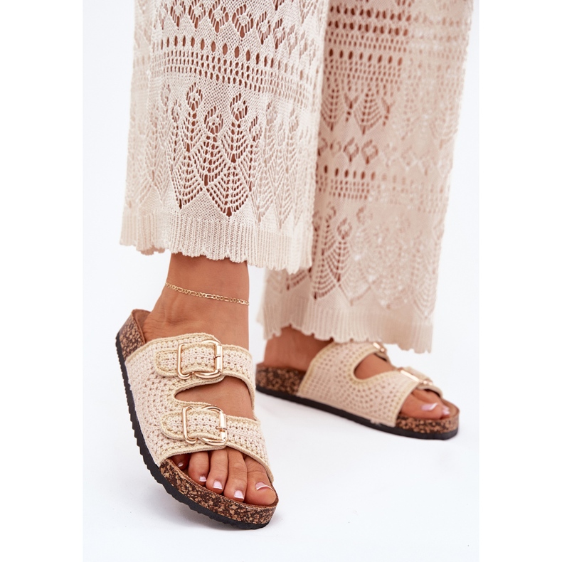 Crochet women's flip flops with golden buckles beige 2