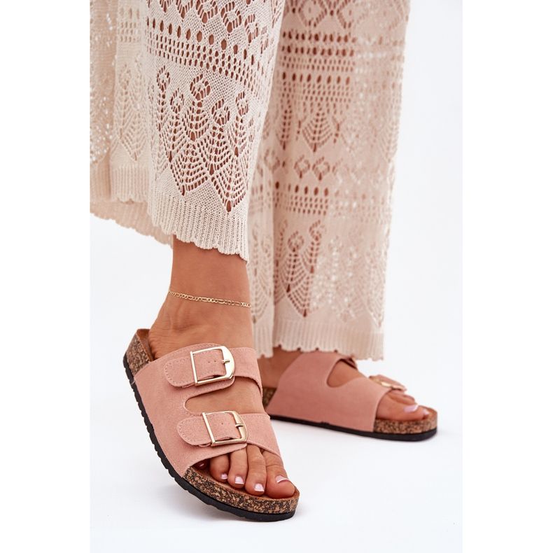 Women's slippers on a cork platform with golden clamps pink 2