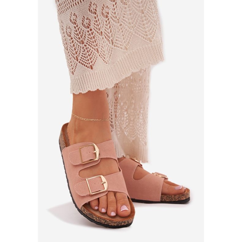 Women's slippers on a cork platform with golden clamps pink 1