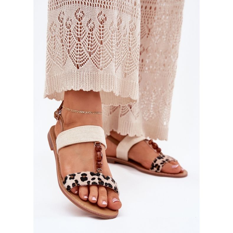 Flat women's sandals with bead beige bead beads 2