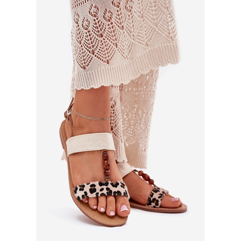 Flat women's sandals with bead beige bead beads 1