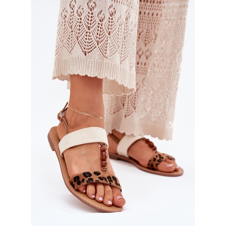 Flat women's sandals with beads brown leopard print 2