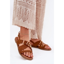 Flat -heeled women's sandals with Camel golden studs brown 2