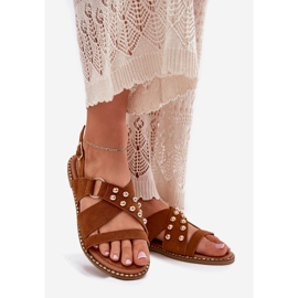 Flat -heeled women's sandals with Camel golden studs brown 1 Flat -heeled women's sandals with Camel golden studs brown 1