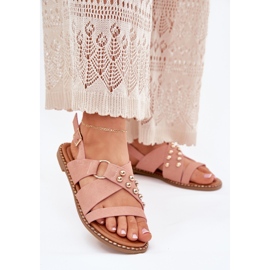 Flat -heeled women's sandals with golden studs pink 2 Flat -heeled women's sandals with golden studs pink 2