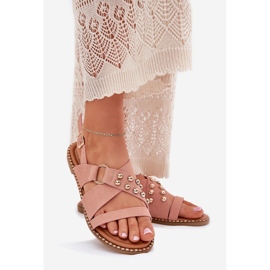Flat -heeled women's sandals with golden studs pink 1 Flat -heeled women's sandals with golden studs pink 1