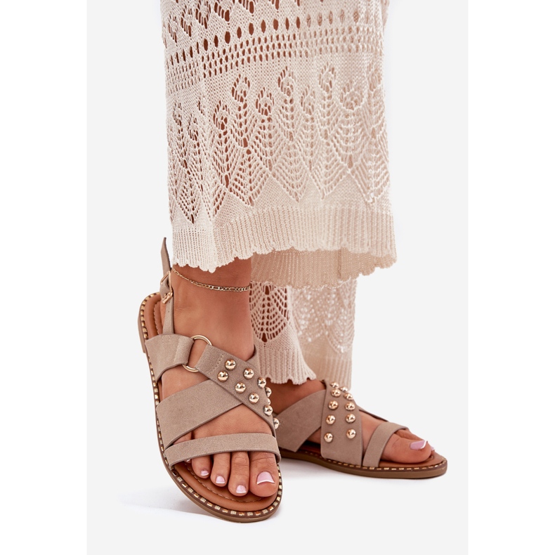 Flat -heeled women's sandals with golden studs beige 1 Flat -heeled women's sandals with golden studs beige 1