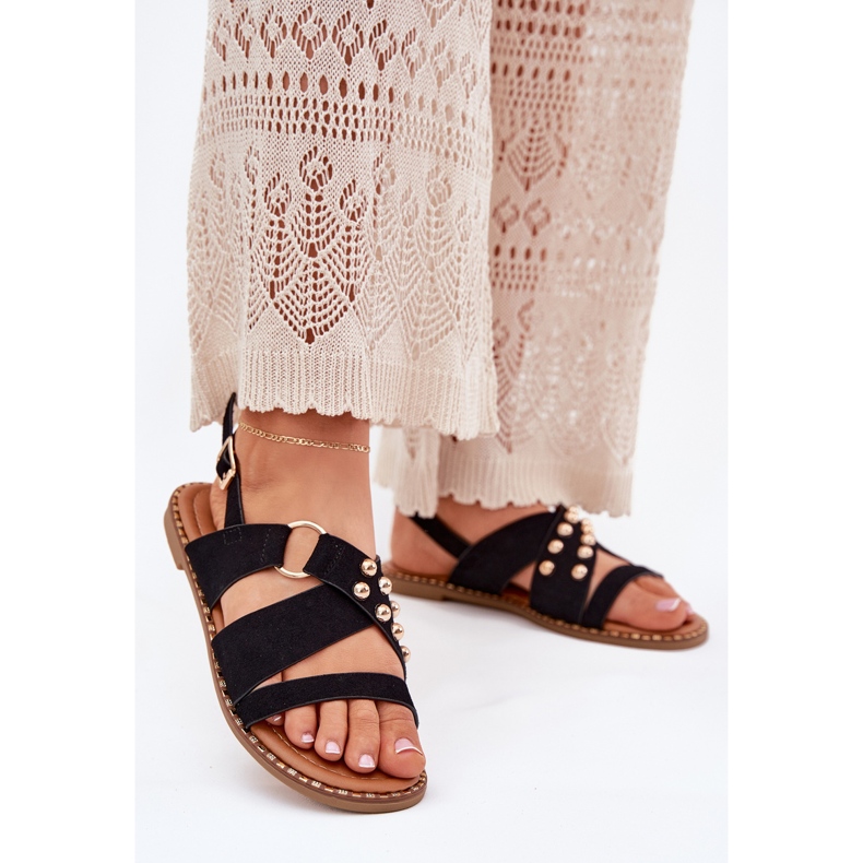 Flat -heeled women's sandals with golden studs black 2