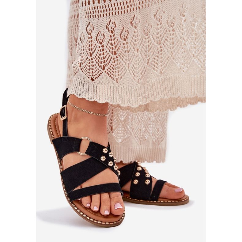 Flat -heeled women's sandals with golden studs black 1