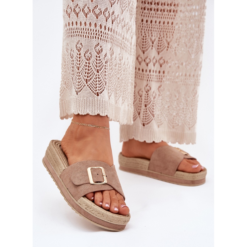 Women's flip flops on the platform with a golden clamp dark beige 2 Women's flip flops on the platform with a golden clamp dark beige 2