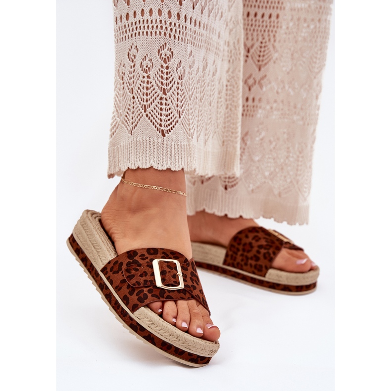 Women's flip flops on the platform with a golden buckle leopard buckle brown 2