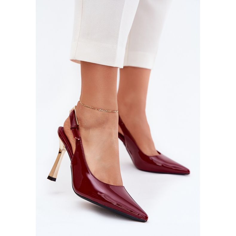 Painted high heels with an open heel and pointed tools burgundy red 2