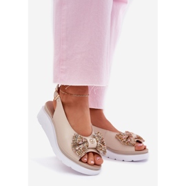 Women's leather sandals with a wedge with a Zazoo 1882 beige bow 1 Women's leather sandals with a wedge with a Zazoo 1882 beige bow 1