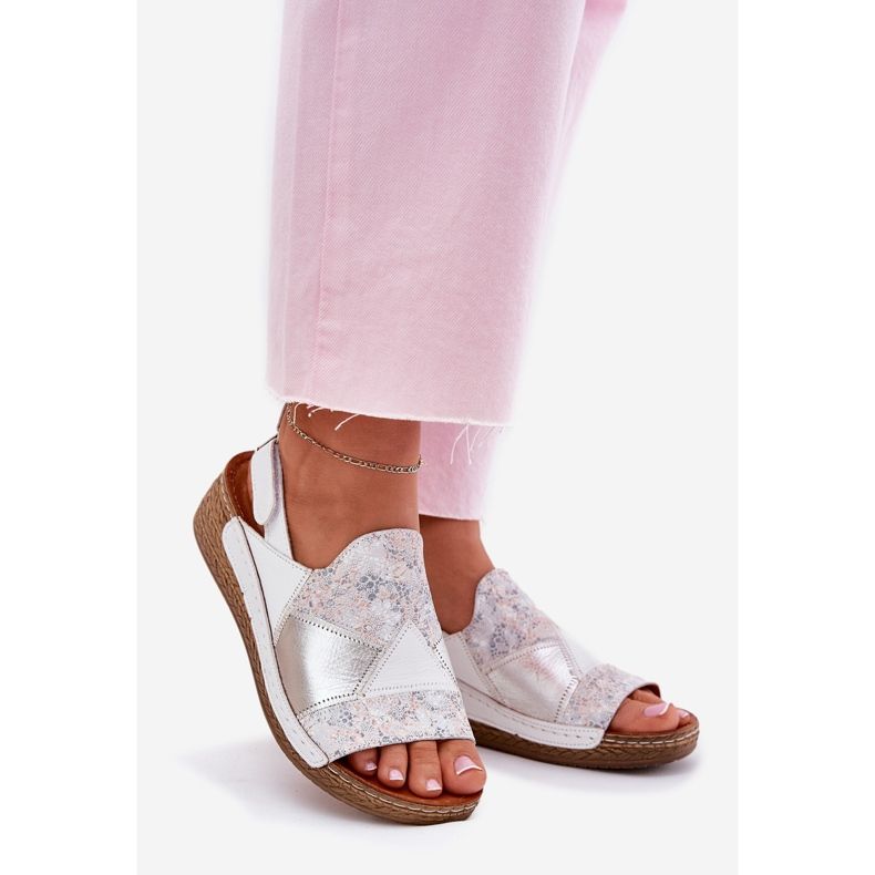 Women's leather sandals with wedge with maciejka braid L7067-11 white 1