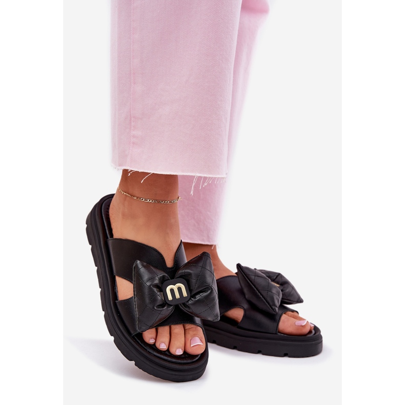 Women's leather flip flops on the platform with chebello 4647 black bow 1