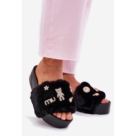Women's flip flops on the platform with fur and golden pins black 1 Women's flip flops on the platform with fur and golden pins black 1
