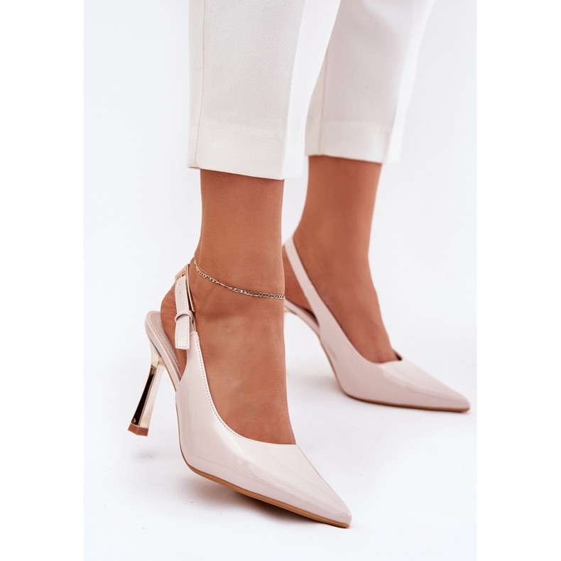 Painted high heels with an open heel and pointed toas beige 2
