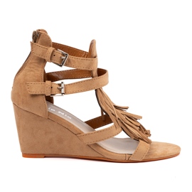 Shelvt Brown sandals for wedge with fringes 2