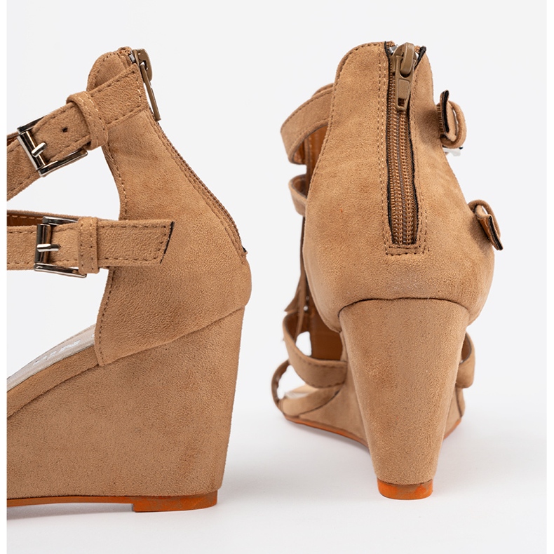 Shelvt Brown sandals for wedge with fringes 1