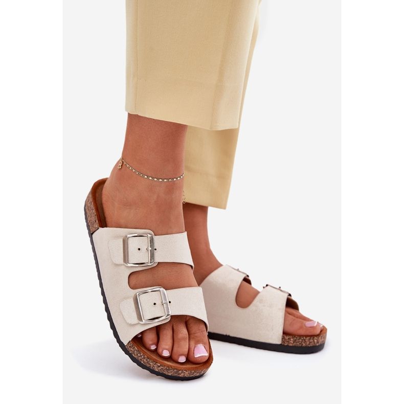 Women's slippers on a cork platform with beige buckles 1 Women's slippers on a cork platform with beige buckles 1