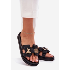 Women's slippers with a bow and a golden brooch black 1