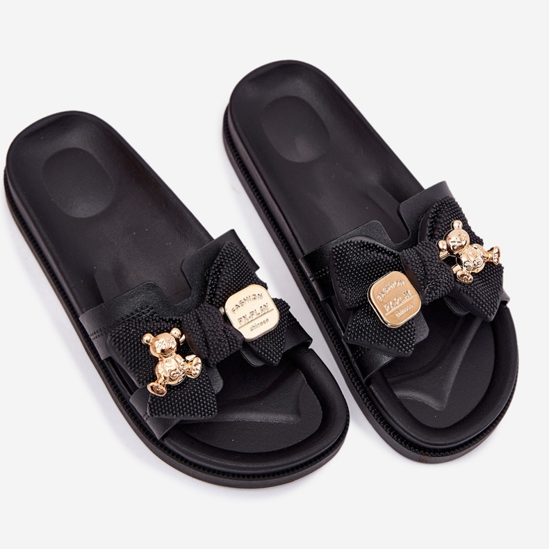 Women's slippers with a bow and a golden brooch black 2