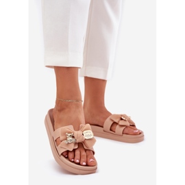 Women's slippers with a bow and a golden brooch beige 1