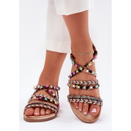 Women's sandals with decoration and woven leopard belts brown 2