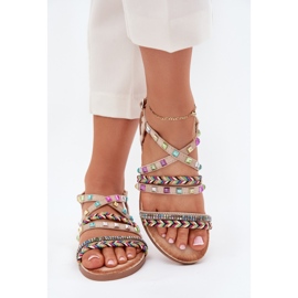 Women's sandals with decoration and woven stripes beige 2 Women's sandals with decoration and woven stripes beige 2