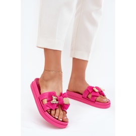 Women's flip flops with a bow and a golden brooch fuchsia pink 2