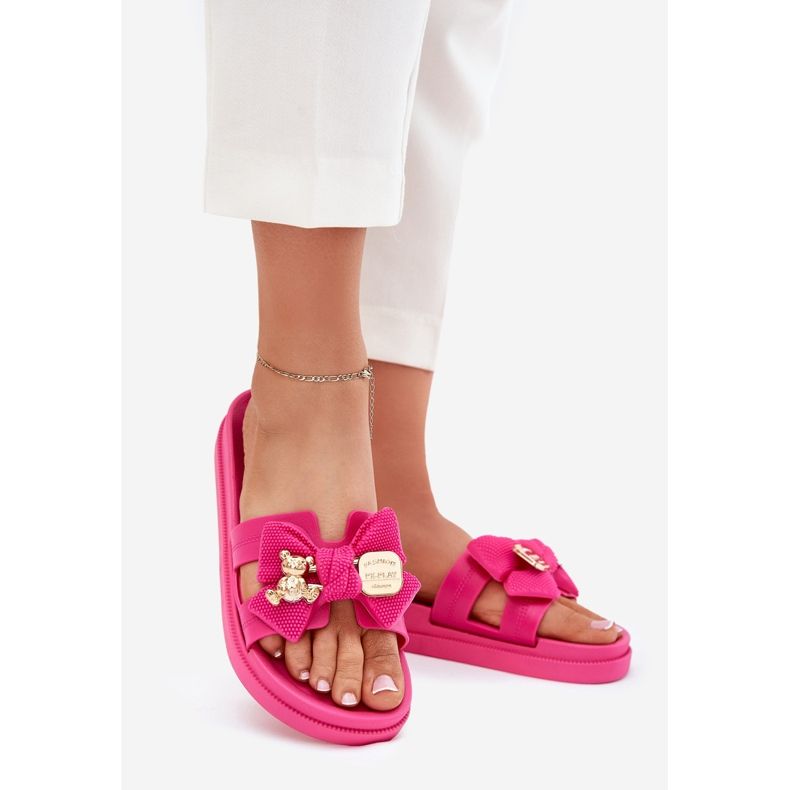 Women's flip flops with a bow and a golden brooch fuchsia pink 1