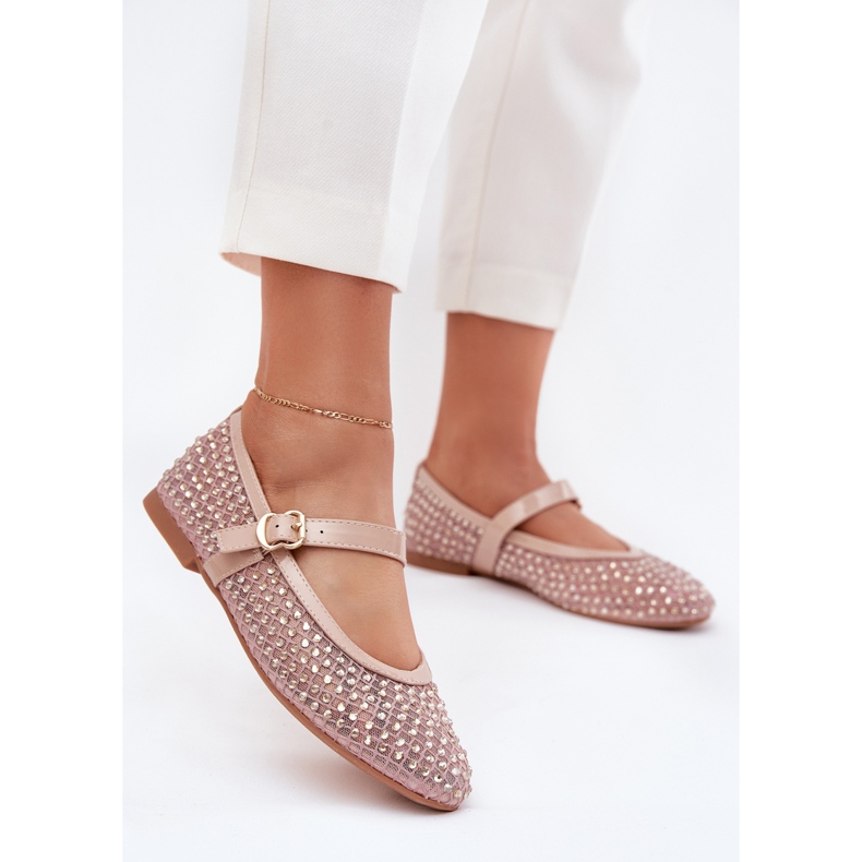 Decorated women's ballerinas with a belt and a clamp beige 2