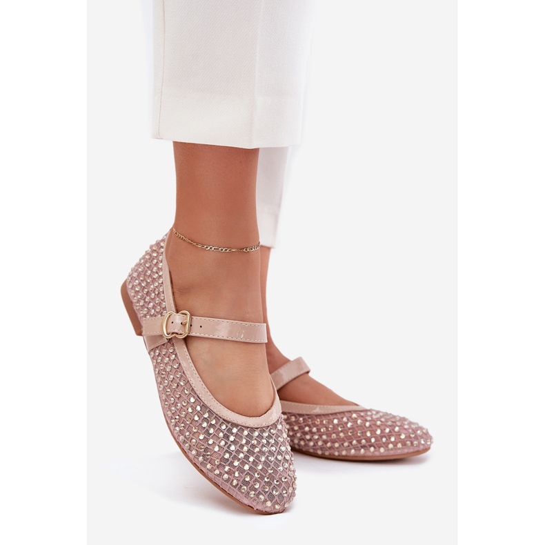 Decorated women's ballerinas with a belt and a clamp beige 1