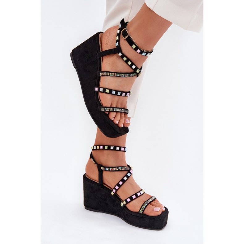 Women's sandals for wedge with decoration on stripes black 2