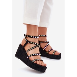 Women's sandals for wedge with decoration on stripes black 1