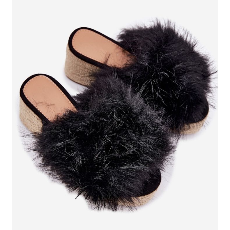 Women's flip flops with wedge with fur and braid black 2