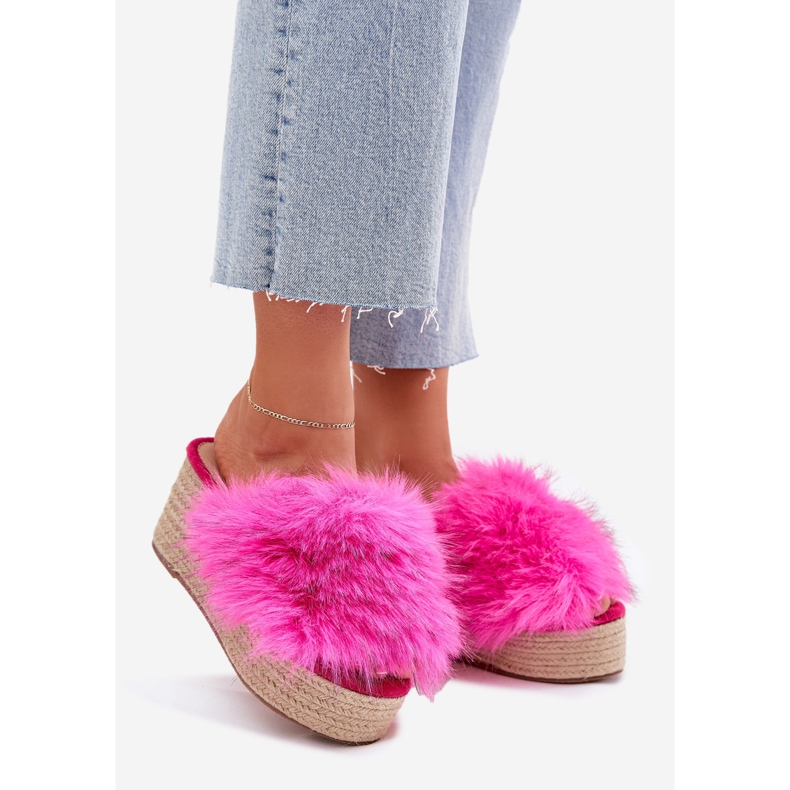 Women's wedges with wedge with fur and braid fuchsia pink 1