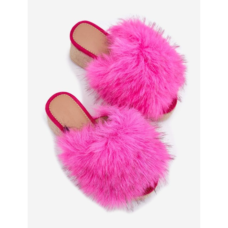 Women's wedges with wedge with fur and braid fuchsia pink 2