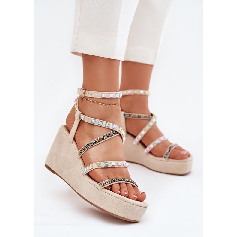 Women's sandals for wedge with decoration on stripes beige 2