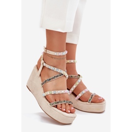 Women's sandals for wedge with decoration on stripes beige 1