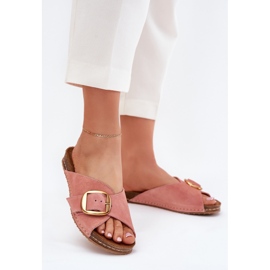 Leather flip flops with a golden clamp maciejka 07000-15 pink 2 Leather flip flops with a golden clamp maciejka 07000-15 pink 2