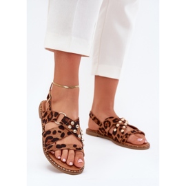 Boto Flat -heeled women's sandals with golden taps leopard print brown 2 Boto Flat -heeled women's sandals with golden taps leopard print brown 2