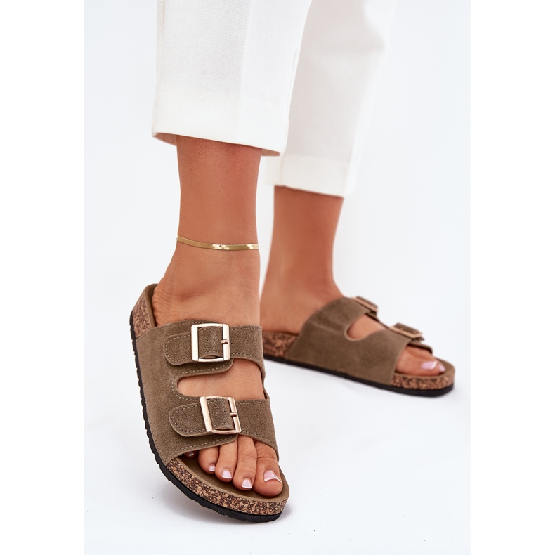 Boto Women's flip flops with golden clamps and dark green luner 2