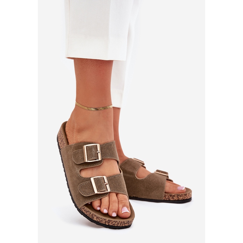 Boto Women's flip flops with golden clamps and dark green luner 1