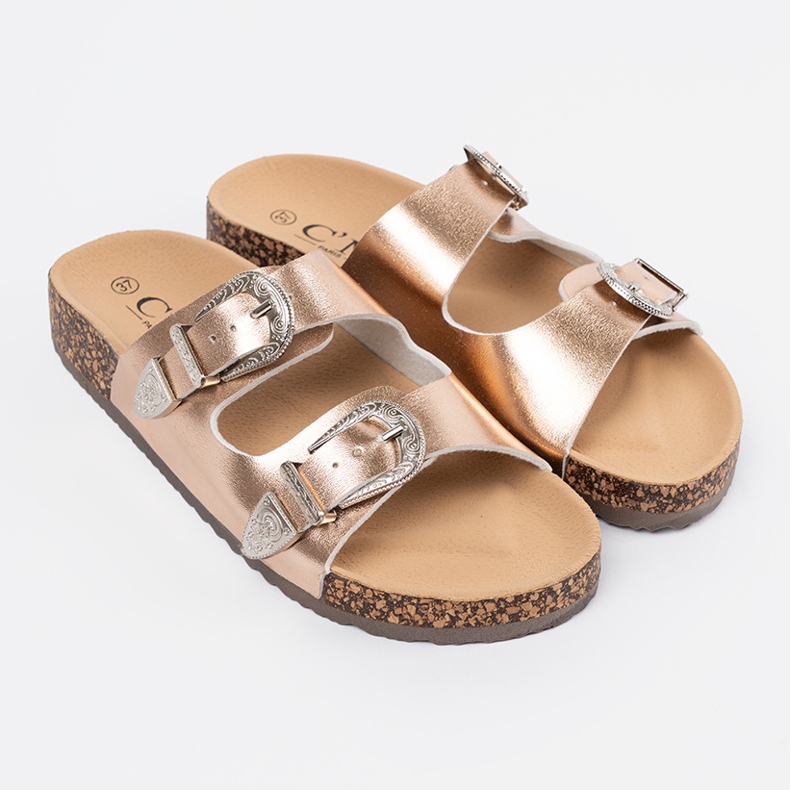 Shelvt Golden flip flops with buckles 1