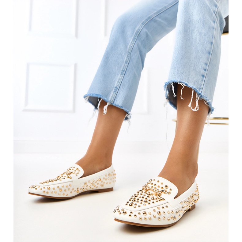 White loafers decorated with LEA studs 1