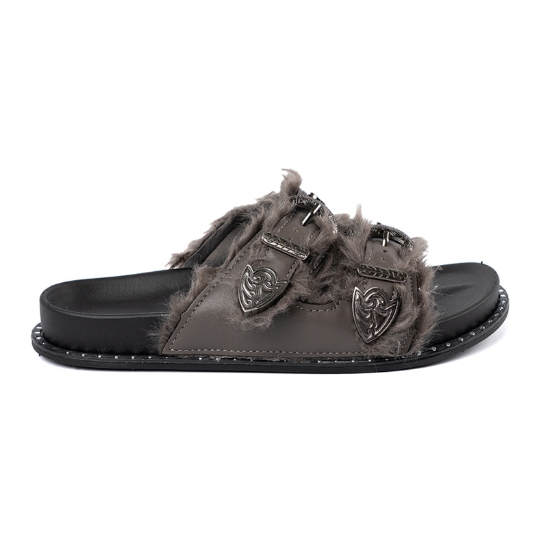 Shelvt Gray flip flops with fur and studs grey 1