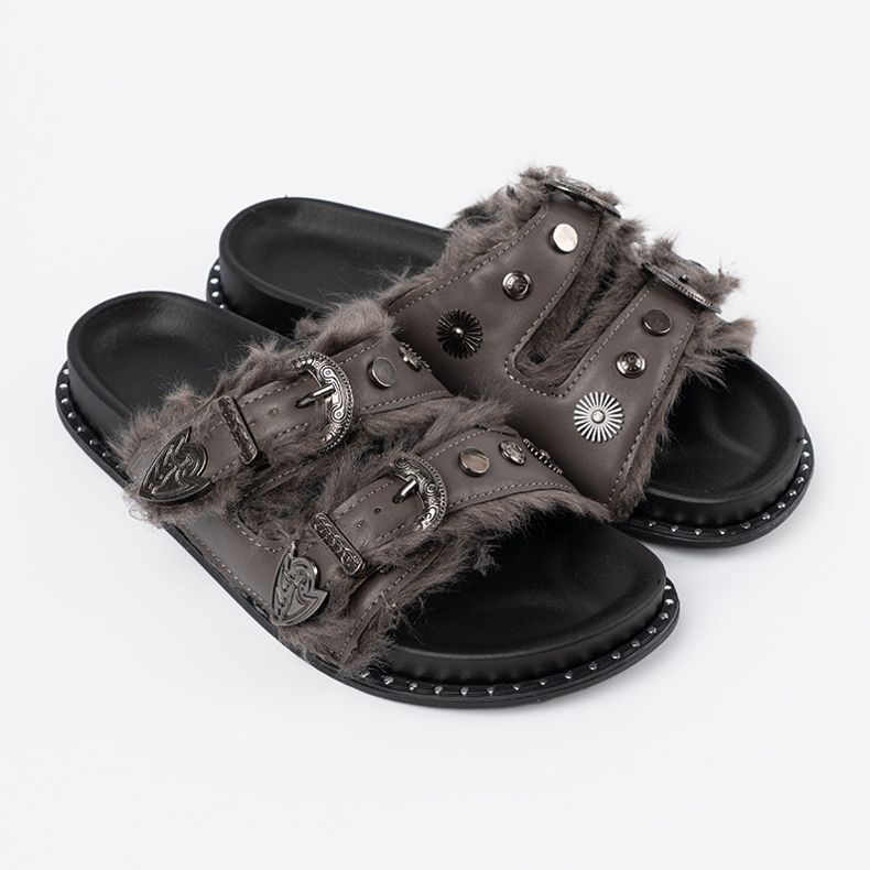 Shelvt Gray flip flops with fur and studs grey 2