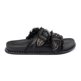 Shelvt Slippers with fur and buckles black 2