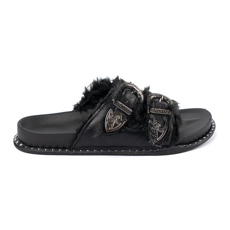 Shelvt Slippers with fur and buckles black 2